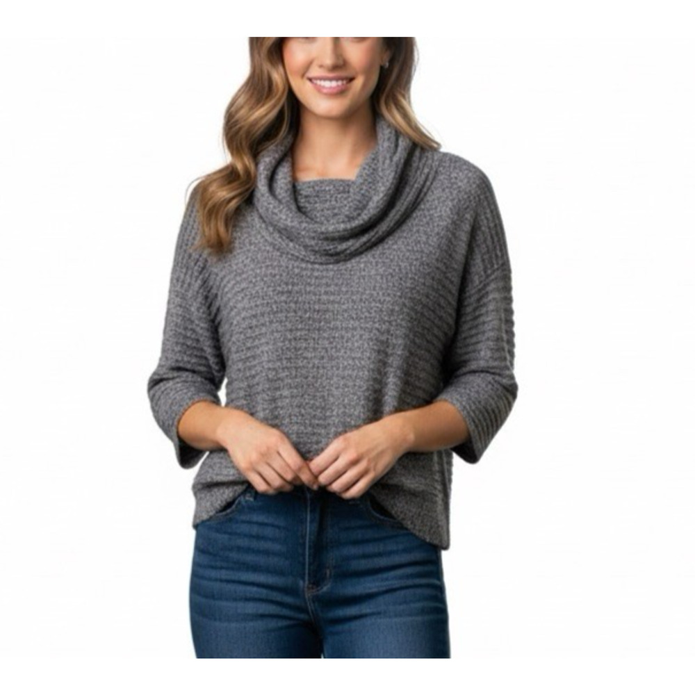 TSE Cowl Neck Top Sweater Cashmere Silk Gray Draped 3/4 Sleeve Knit Stretch XS